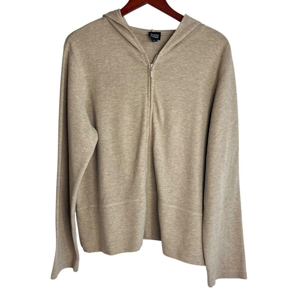 Eileen Fisher Womens Full Zip Cotton Slub Knit Hoodie Sweater Tan Size Large